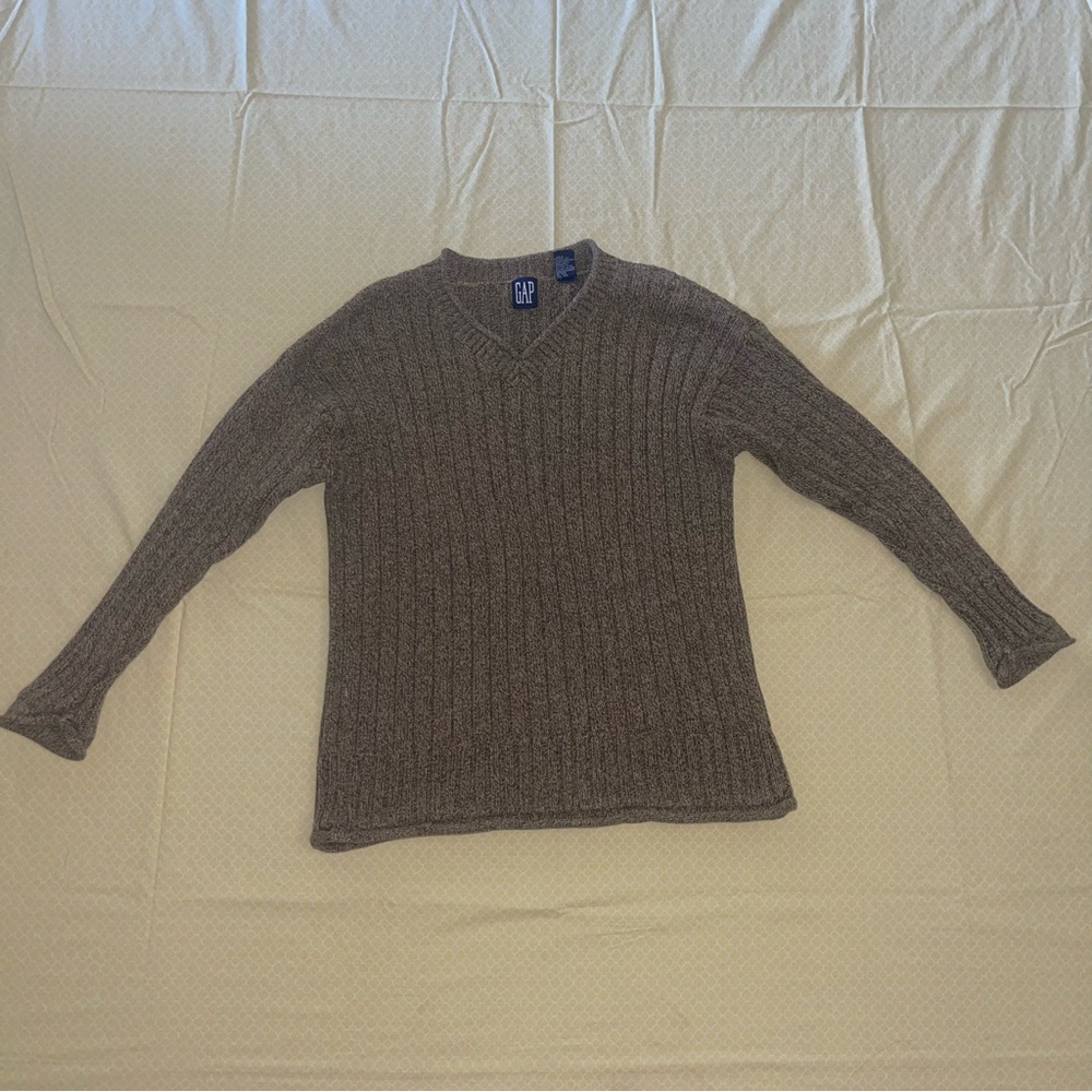 GAP BROWN WOVEN CREWNECK CABLE KNIT COTTON SWEATER - Picture 2 of 10